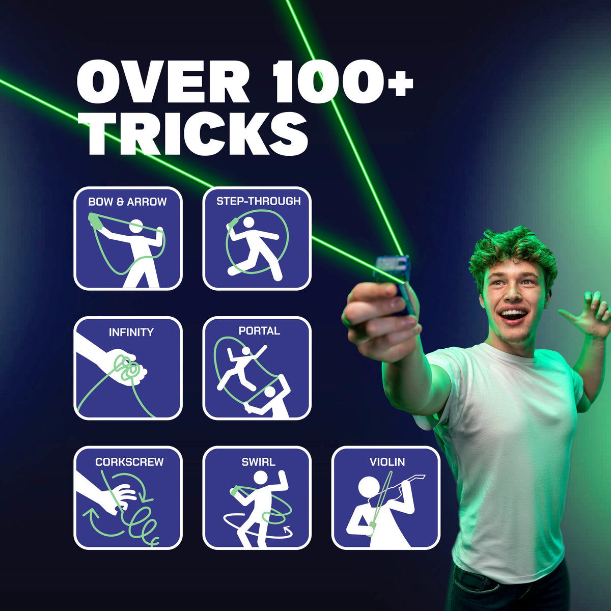 ZipString Lumi handheld device showing over 100 tricks including bow and arrow, step-through, infinity, portal, corkscrew, swirl, and violin illustrated on packaging