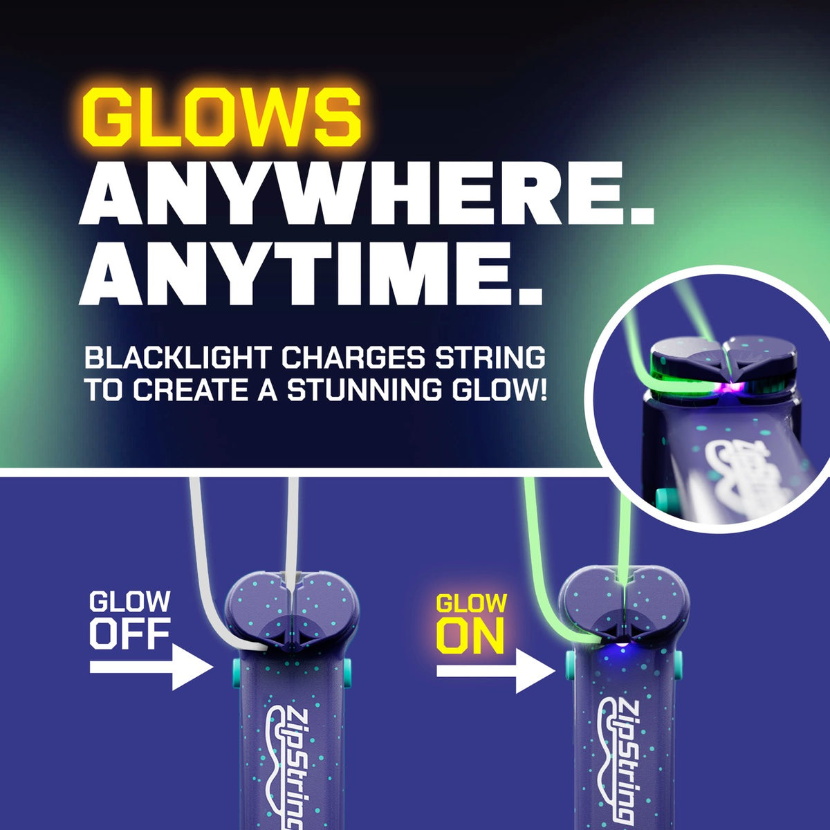 ZipString Lumi rechargeable glowing string launcher showing glow off and glow on comparison with blacklight charging feature in clear container