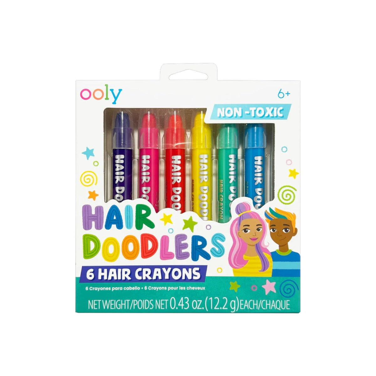 OOLY Hair Doodlers 6-pack set with purple, pink, red, yellow, teal and blue twist-up hair crayons in clear packaging, non-toxic temporary hair color for kids