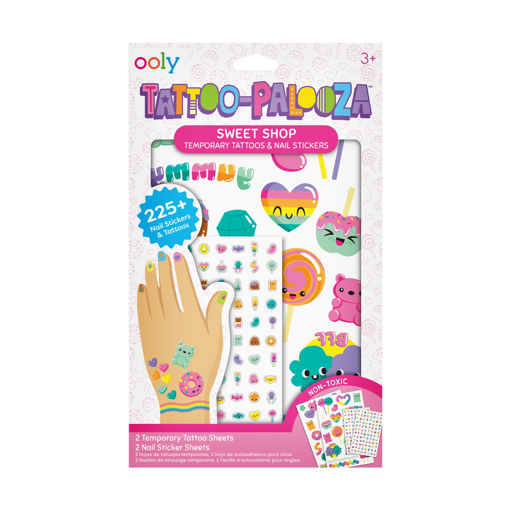 Sweet Shop Tattoo-Palooza package by Ooly showing colorful candy-themed temporary tattoos and nail stickers with lollipops, donuts, ice cream, and hearts on white background with pink accents