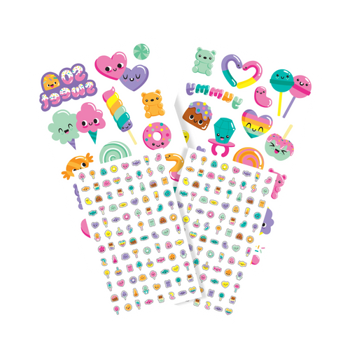 Sweet Shop Tattoo-Palooza 225+ temporary tattoos and nail stickers displayed with four sheets showing miniature candy designs including lollipops, donuts, hearts, ice cream cones, and gummy bears in bright colors
