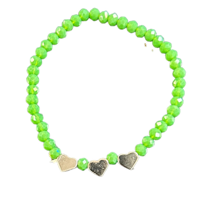 Green Color War Beaded Bracelets With Silver Hearts