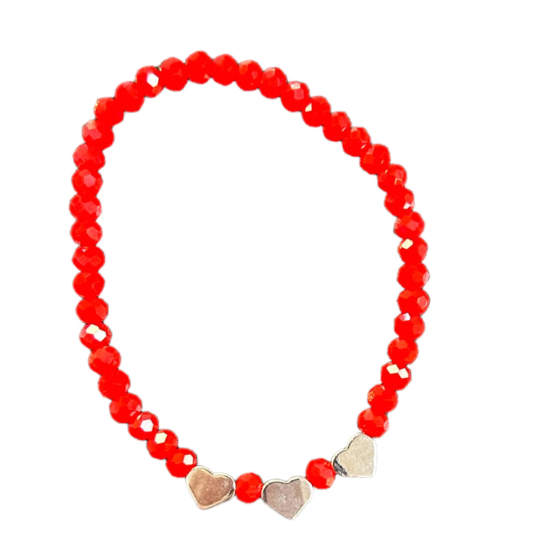 Red Color War Beaded Bracelets With Silver Hearts