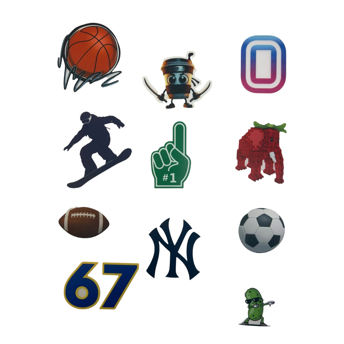 Sheet of hat patches: basketball, snowboarder, foam finger, football, soccer ball, Yankees logo, 67, pickle