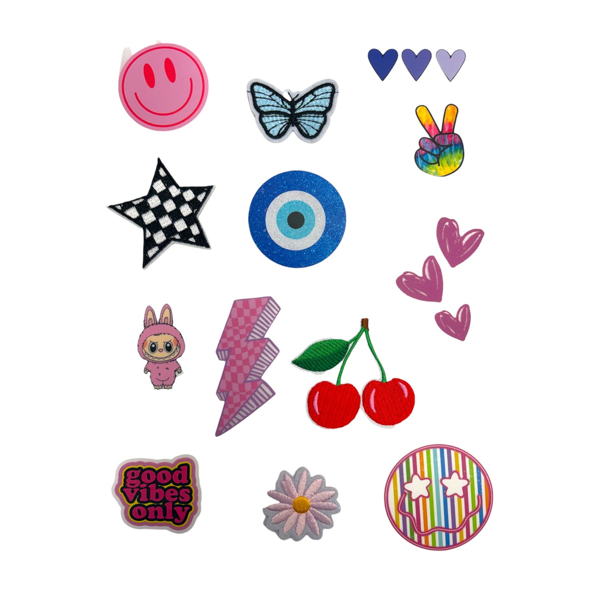 Sheet of hat patches: smiley, butterfly, checkered star, evil eye, cherries, peace sign, hearts, Good Vibes Only