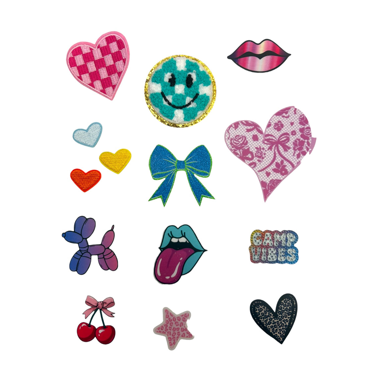 Sheet of hat patches including checkered heart, smiley, bow, lips, balloon dog, cherries, stars and Camp Vibes