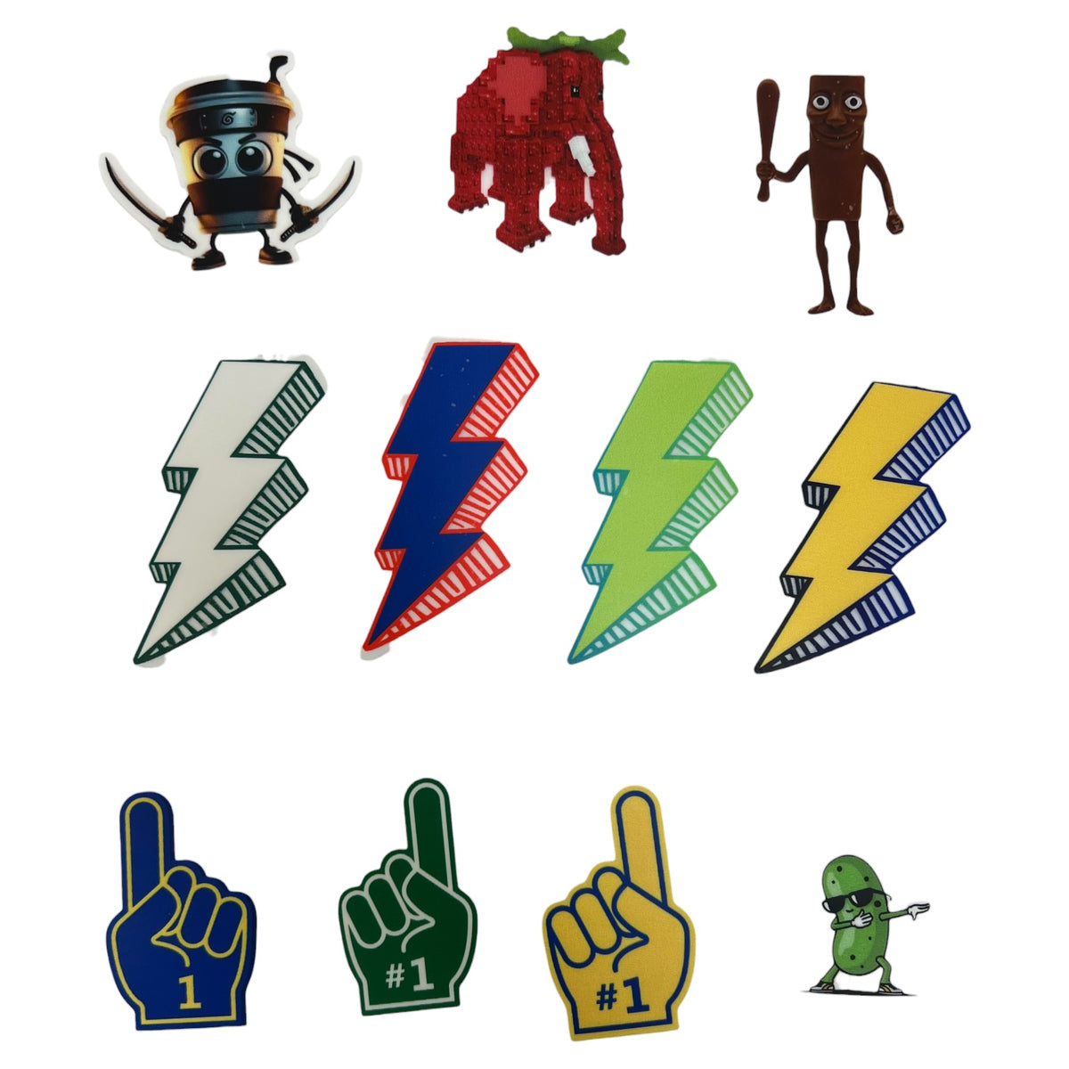Sheet of character, lightning bolt and number one foam finger hat patches in navy, green, yellow and red
