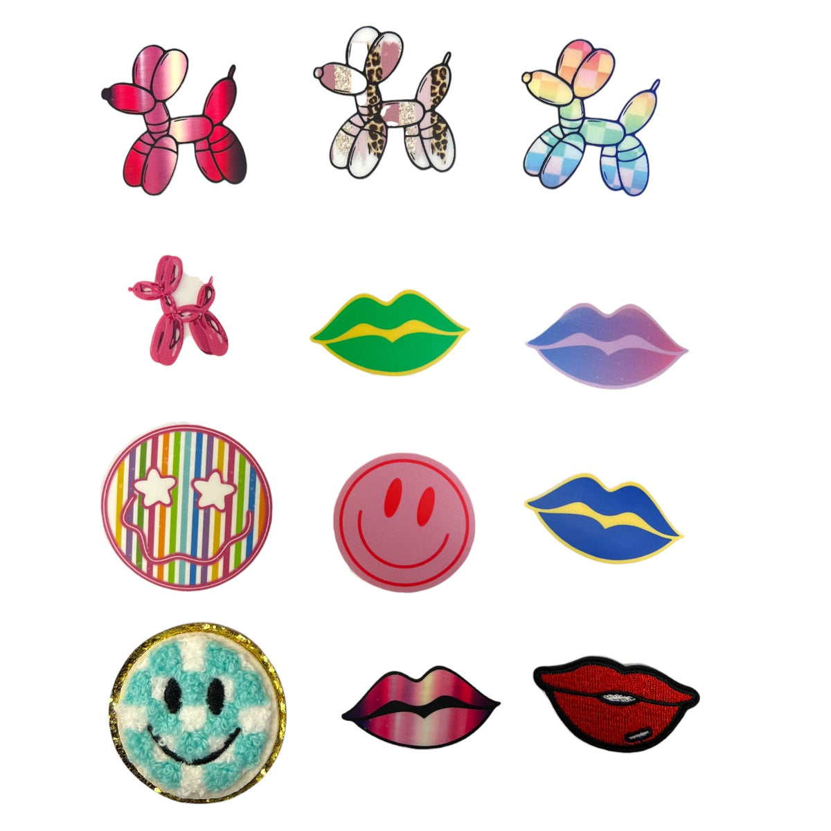 Sheet of balloon dog, lips and smiley face hat patches in pink, blue, green and red