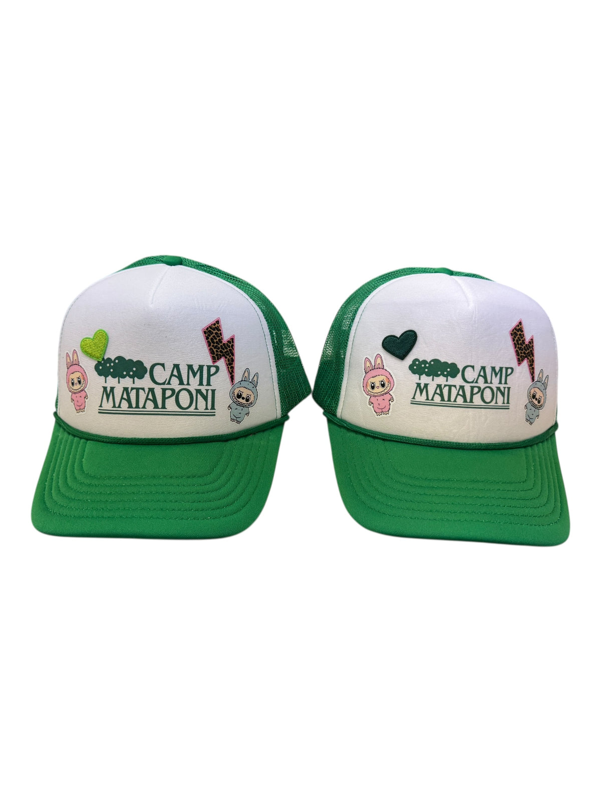 Two green and white custom trucker hats with Camp Mataponi text, bunny characters, hearts and a leopard lightning bolt