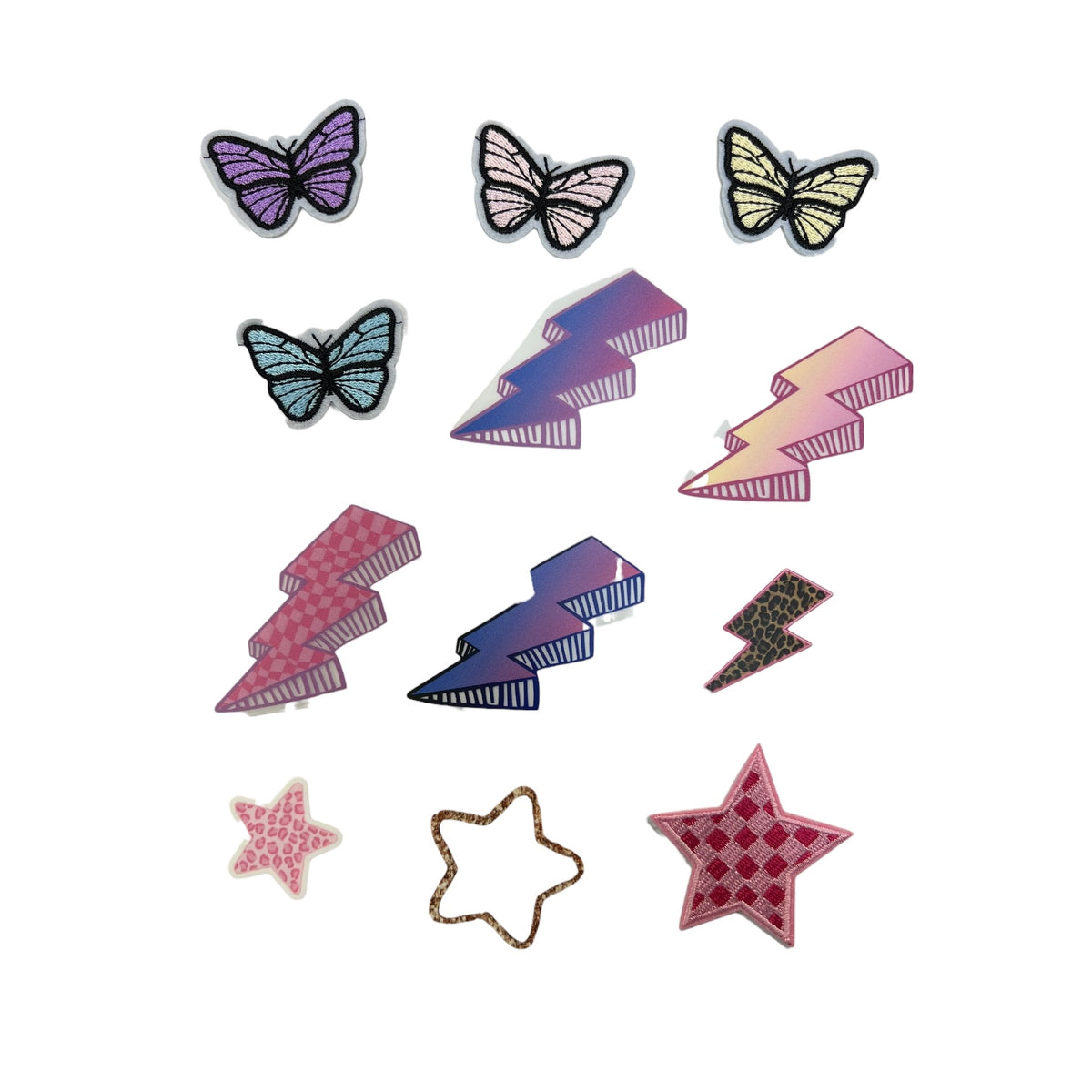 Sheet of butterfly, lightning bolt and star hat patches in purple, pink and leopard prints