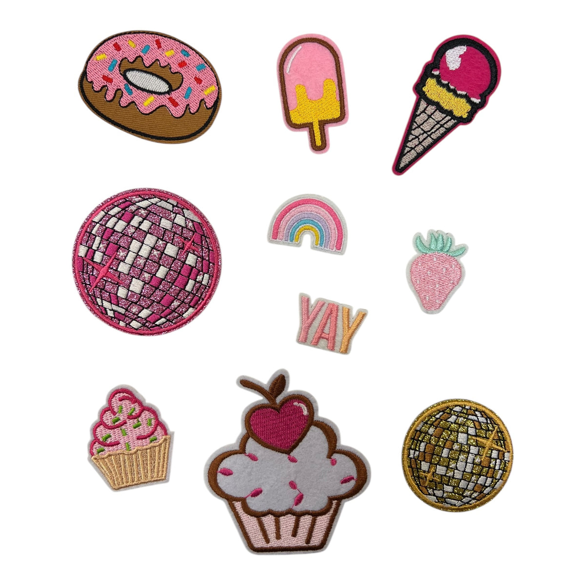 Sheet of embroidered sweets hat patches: donut, popsicle, ice cream, disco balls, rainbow, cupcakes, YAY