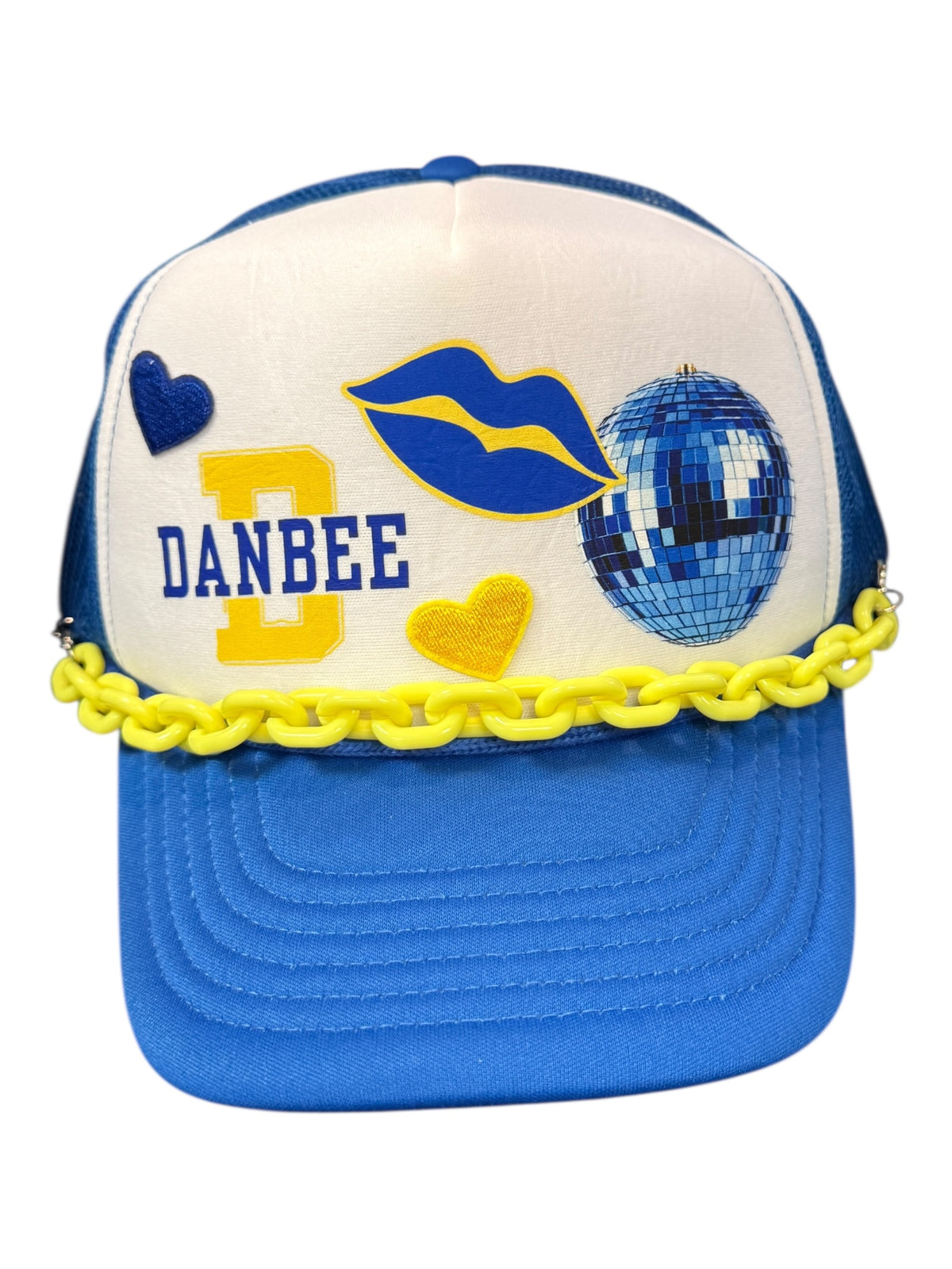 Custom camp trucker hat in blue and white with DANBEE name, yellow D, lips, disco ball, hearts and yellow chain