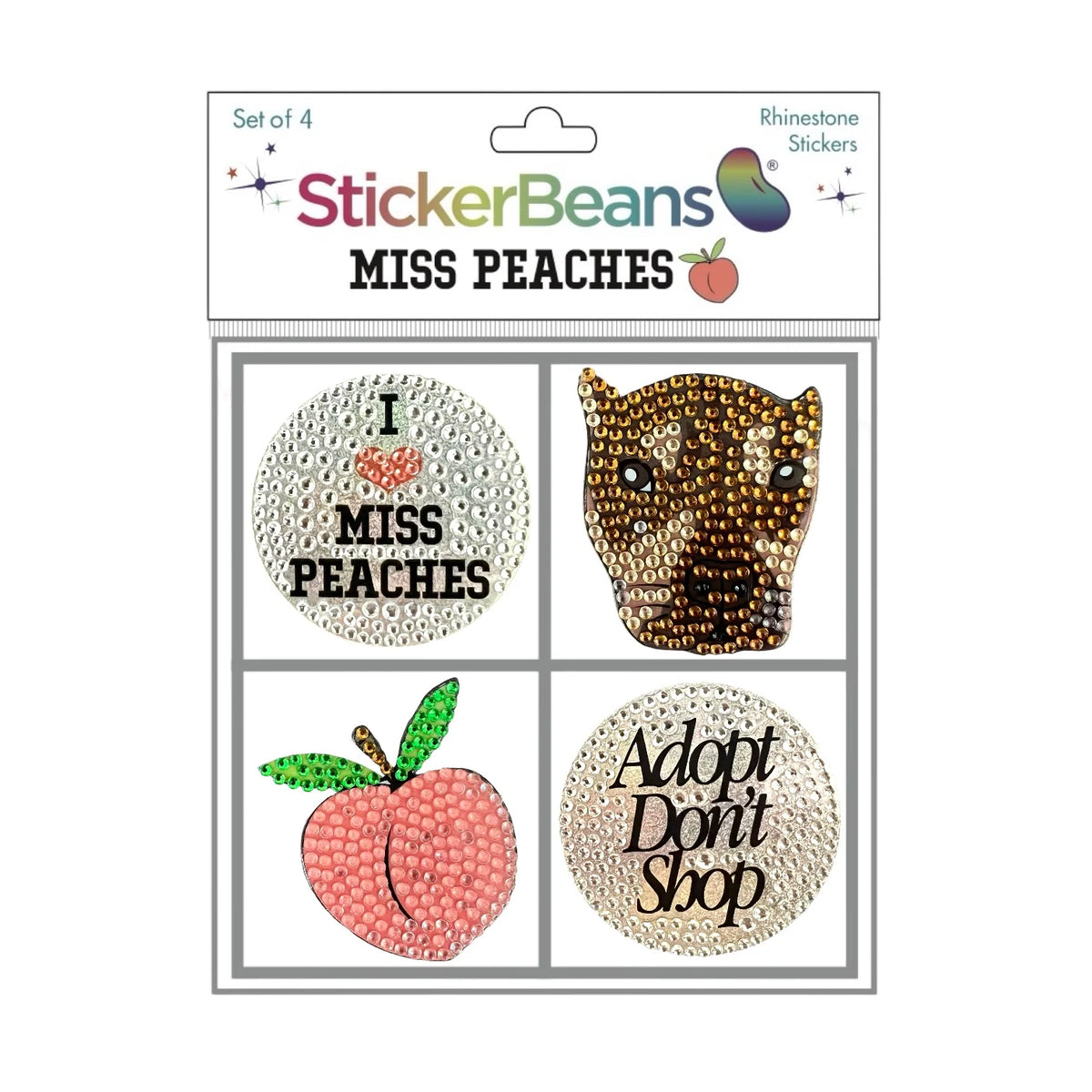 Miss Peaches Set of 4 Stickerbeans – collectible StickerBean for trading + decorating at sleepaway or overnight camp by Bee Bee Designs