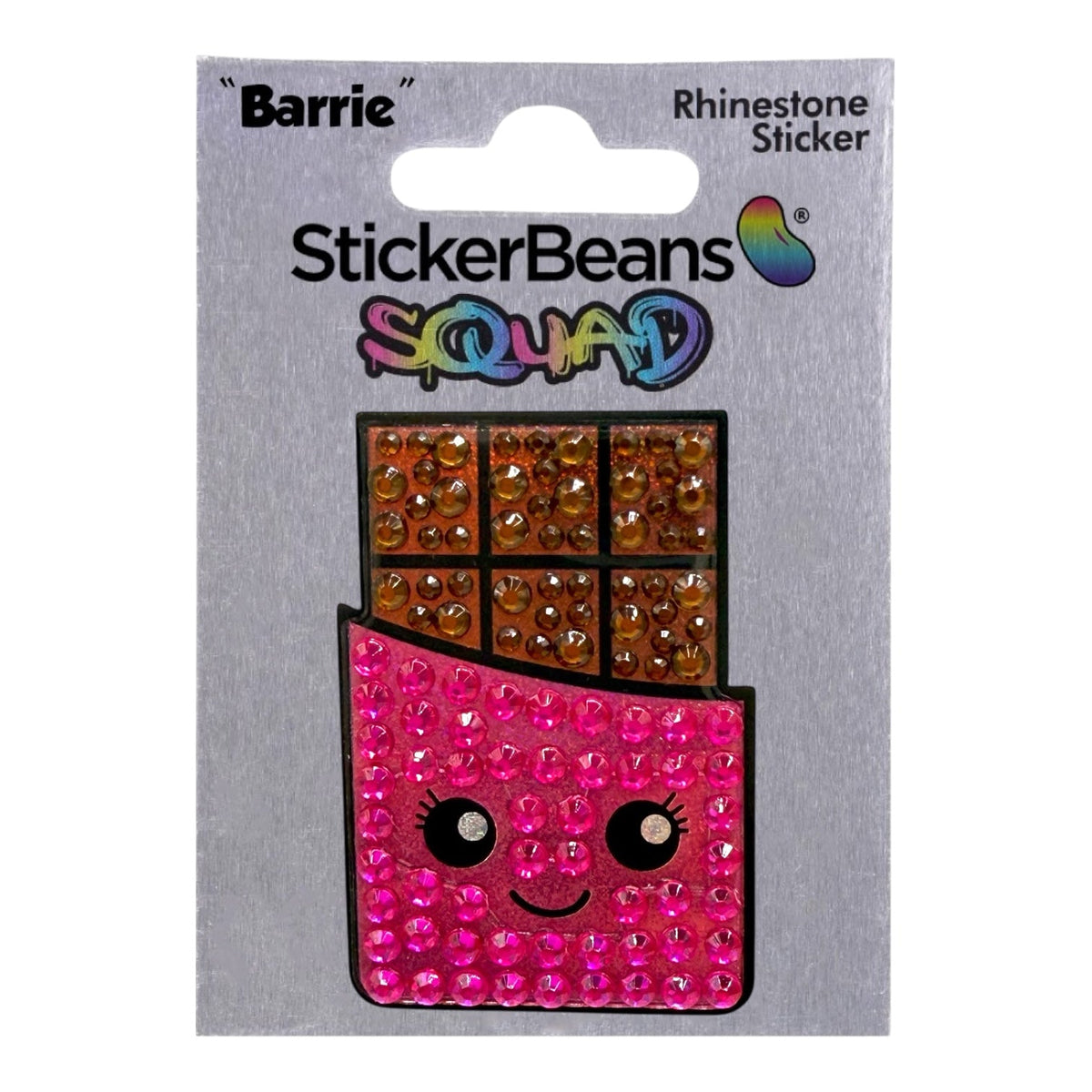 Barrie chocolate bar StickerBean Squad 2 inch collectible rhinestone sticker on gray retail card packaging