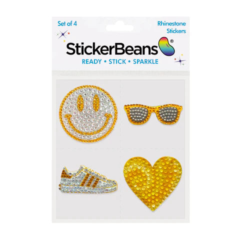 Yellow Camp Spirit StickerBean Set of 4 with rhinestone smiley face, sunglasses, sneaker and heart designs in yellow and silver crystals on white packaging