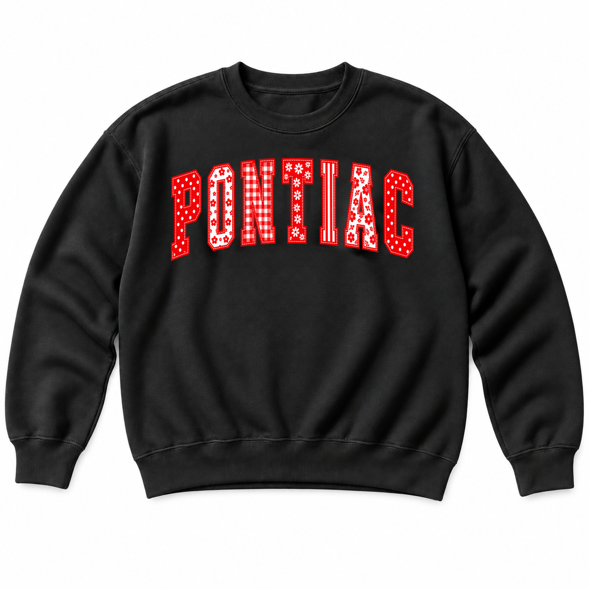 Black Coquette Letters sweatshirt with PONTIAC in red and white patchwork varsity letters