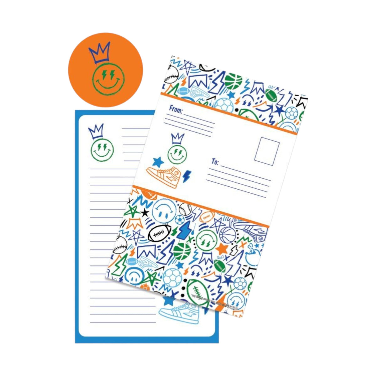 Corey Paige Let's Go Sports foldover card and notepad with blue, orange and green sports doodles and a smiley with a crown