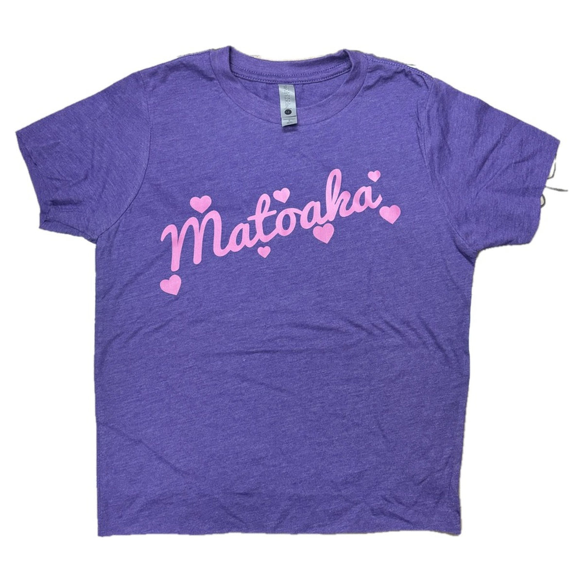 Floating Hearts Camp Tee in purple personalized with Matoaka in pink script