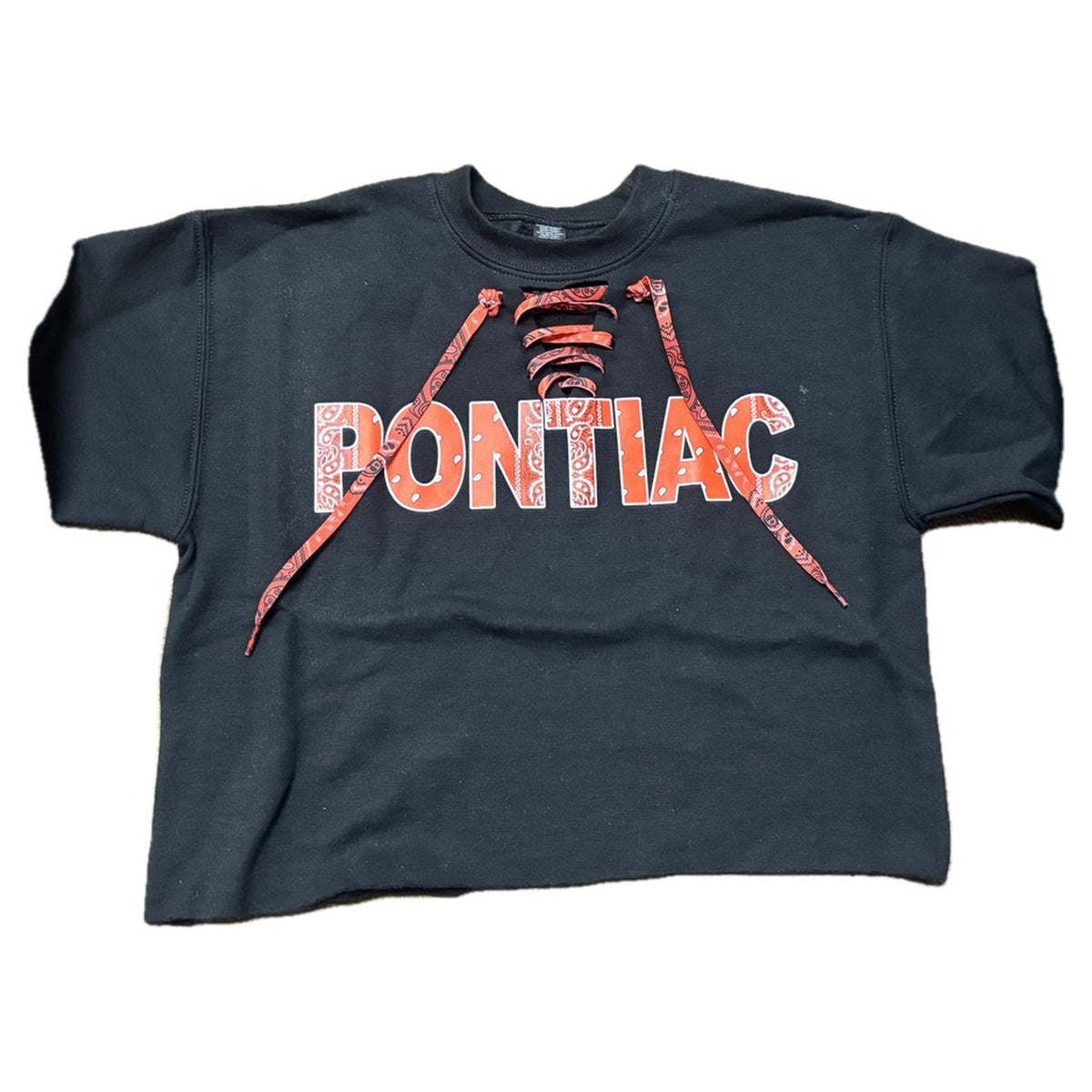 Bandana Lace-Up Camp Crewneck in black with red bandana Pontiac letters