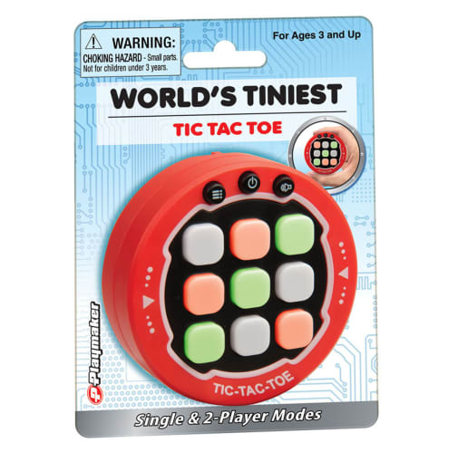 World's Tiniest Electronic Tic Tac Toe, a red round mini game on its card