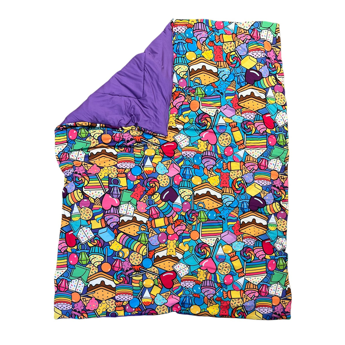 Let Me See You Tootsie Roll reversible comforter in a candy print with a purple reverse side