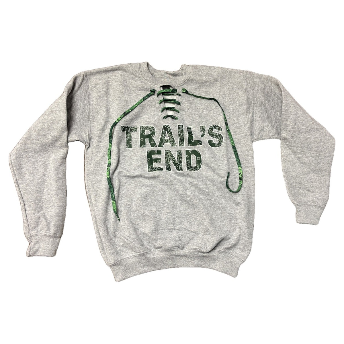 Bandana Lace-Up Camp Crewneck in gray with green bandana Trail's End letters