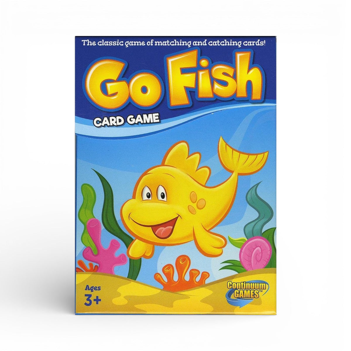 Go Fish card game box featuring yellow cartoon fish character on blue background with pink coral and green seaweed decorations