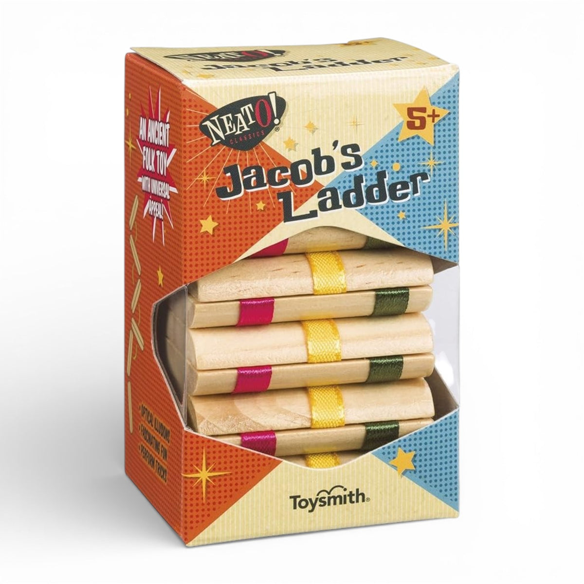 Jacobs Ladder wooden toy with colorful yellow, pink, and green ribbon bands connecting natural wood blocks in Neat-O product packaging