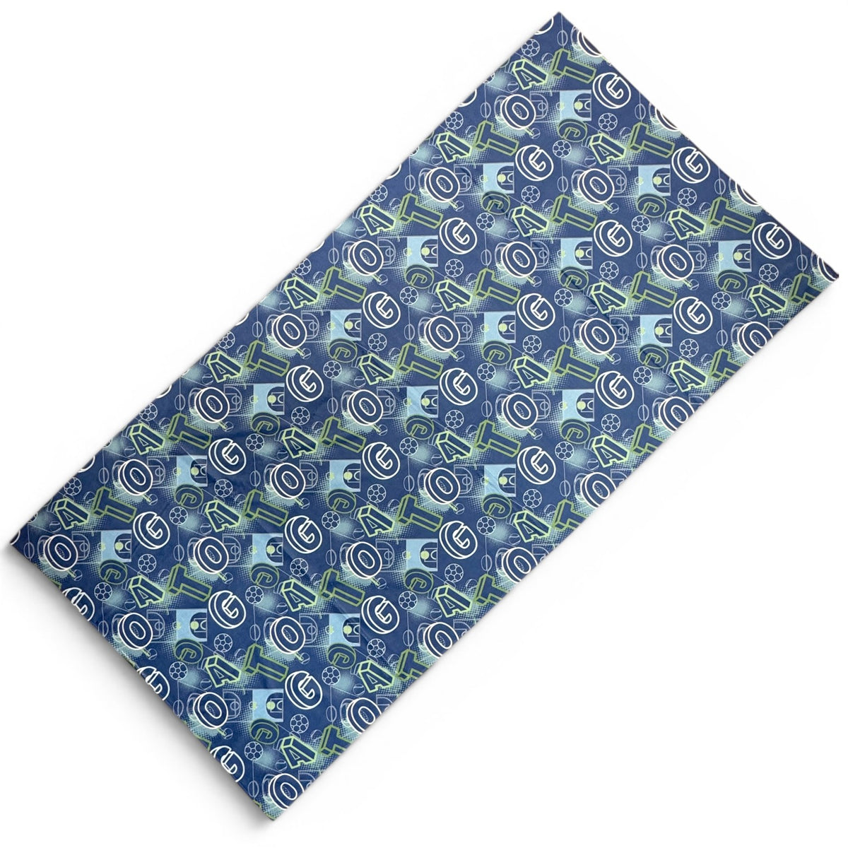 GOAT Quick-Dry Towel in blue with white and green GOAT letters and sports icons pattern, lightweight camp towel