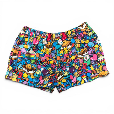 Tootsie Roll Fuzzy Shorts with colorful candy print featuring cupcakes, lollipops, gummy bears, cookies and sweets on ultra-soft fabric