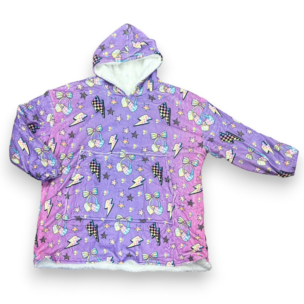 Electric Cherries oversized comfy hoodie in purple and pink with cherries and lightning bolts, sherpa lining