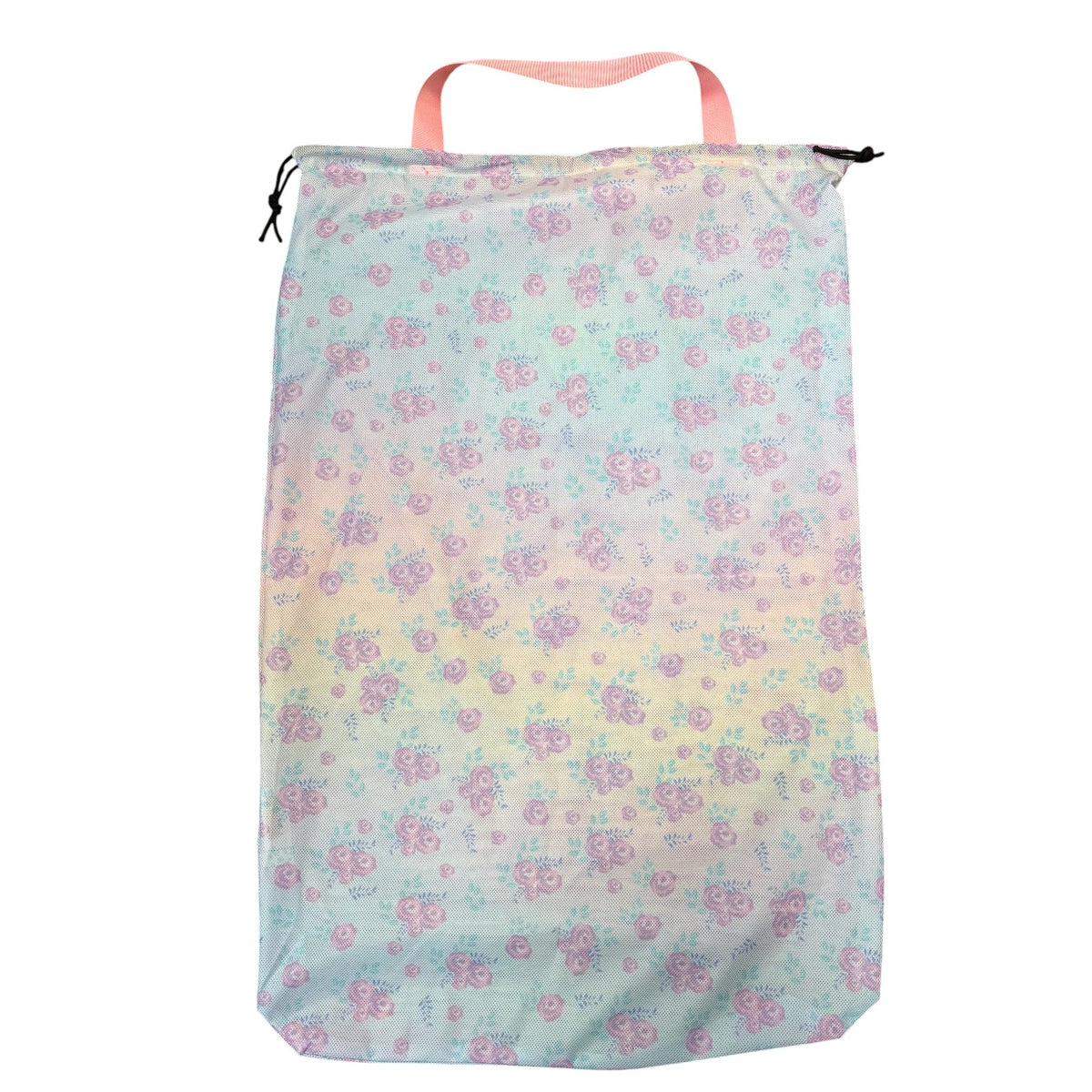 Blushing Blossoms camp laundry bag with pink roses on a pastel rainbow background and a coral handle