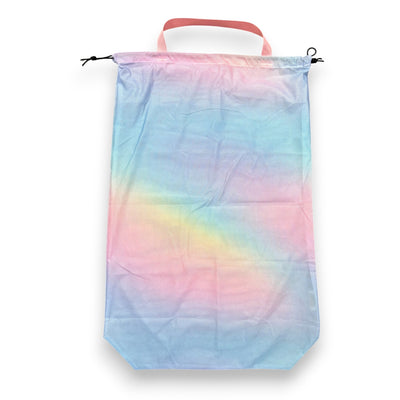 Pastel Dreams camp laundry bag in a soft pink, yellow and blue rainbow gradient with a coral handle