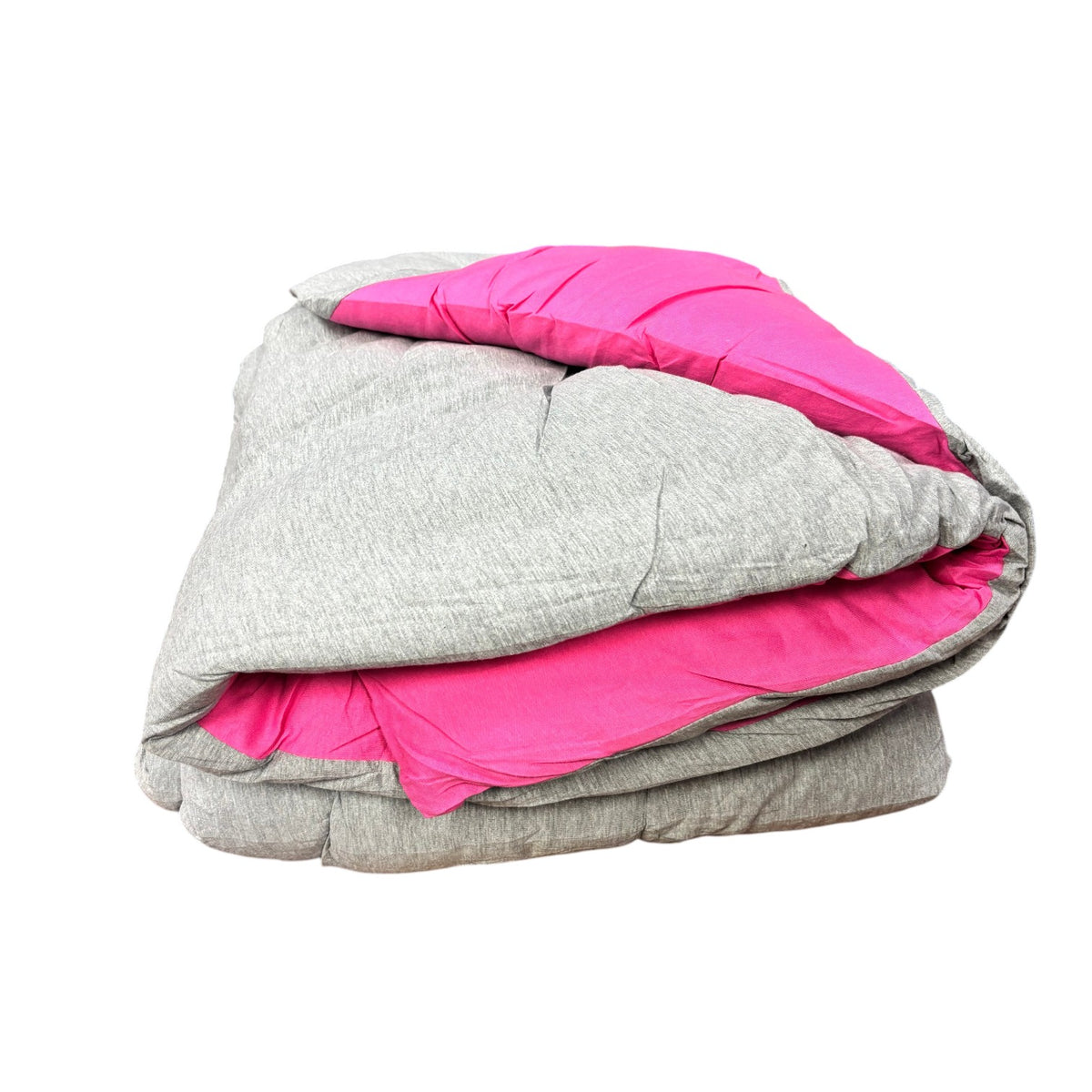 Reversible hot pink and heathered gray jersey camp comforter folded to show both sides
