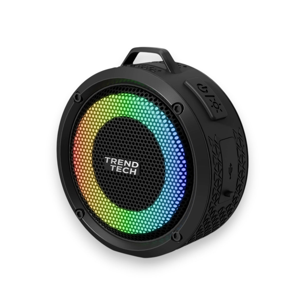 Aqua Beats black waterproof wireless speaker with rainbow LED ring and Trend Tech logo