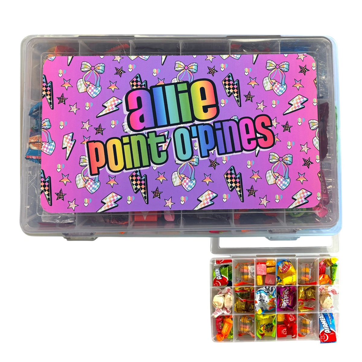 Electric Cherries Large Candy Box with vibrant pink and purple gradient background featuring colorful cherry, bow, heart, star, and lightning bolt graphics, clear compartmentalized storage container filled with assorted nut-free candies visible below