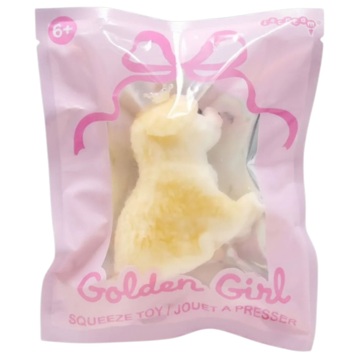 Golden Girl Retriever squeeze toy in clear pink packaging with cream colored soft golden retriever fidget toy