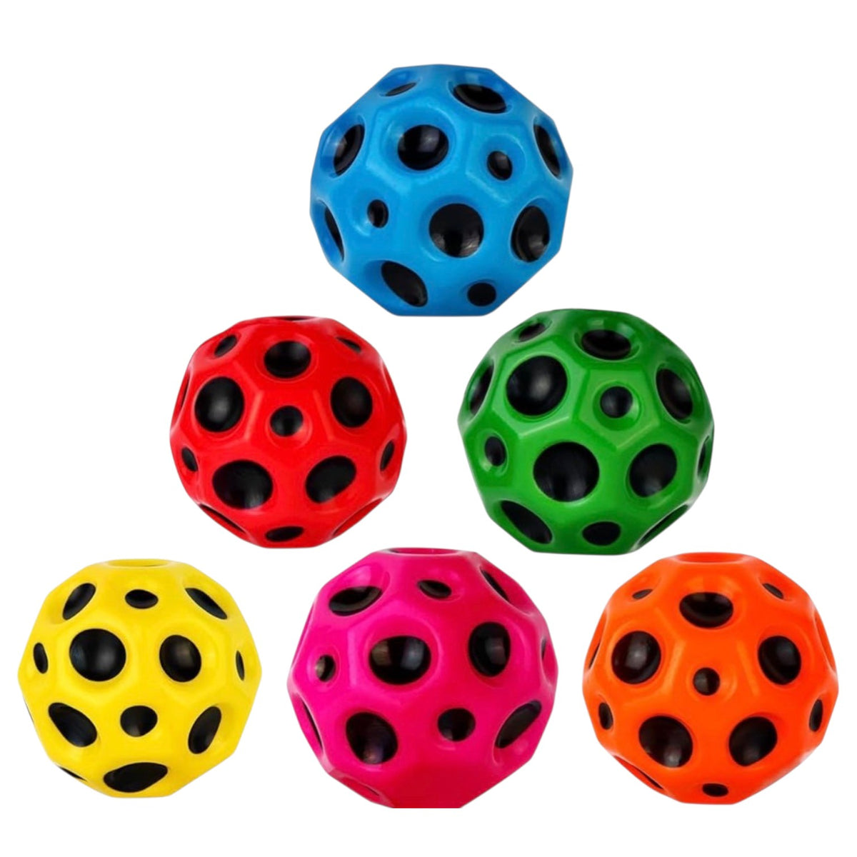 Six high bounce neon balls in bright blue, red, green, yellow, pink, and orange colors with textured dimpled surface arranged in pyramid formation