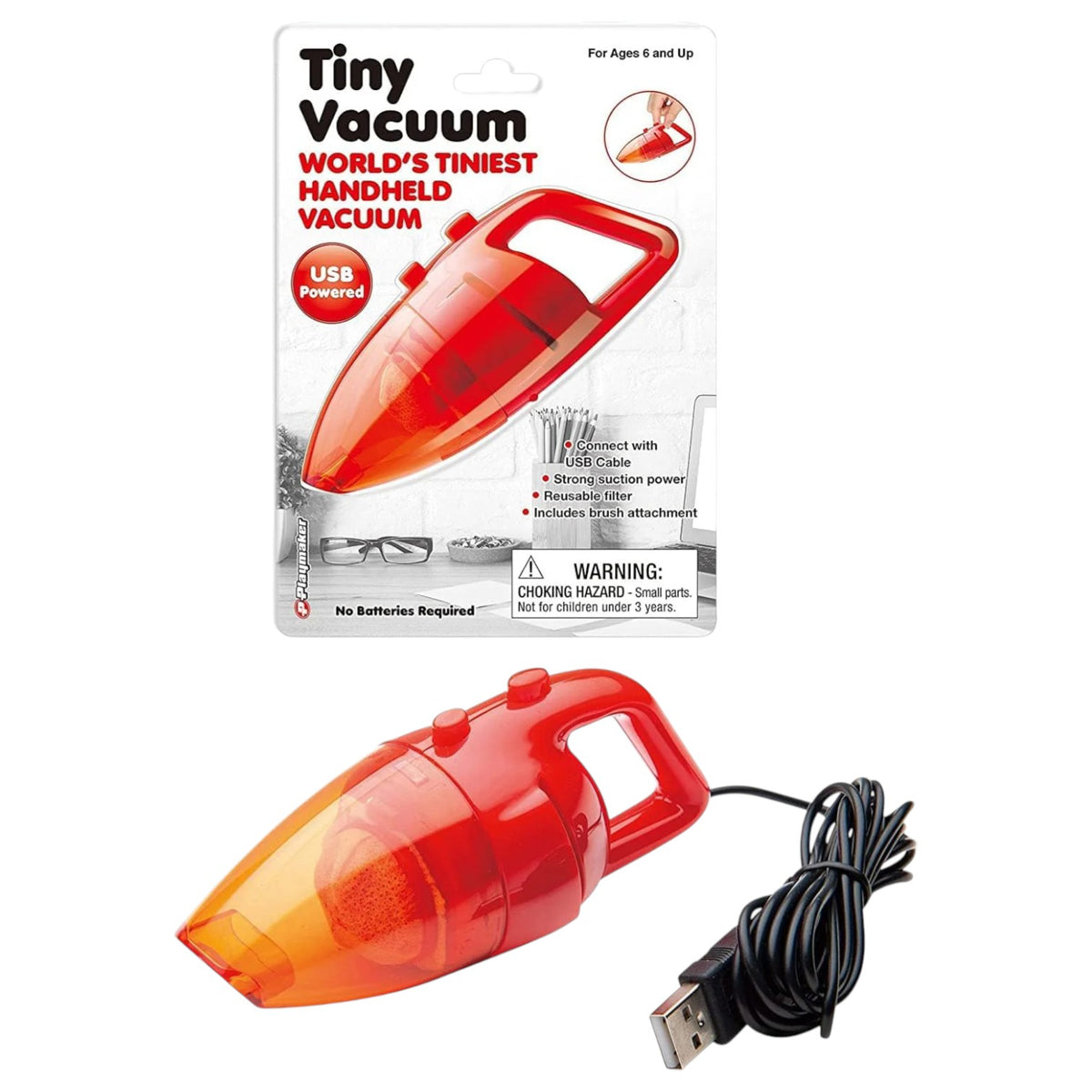 Tiny Vacuum handheld USB-powered red and orange mini vacuum with packaging and cord
