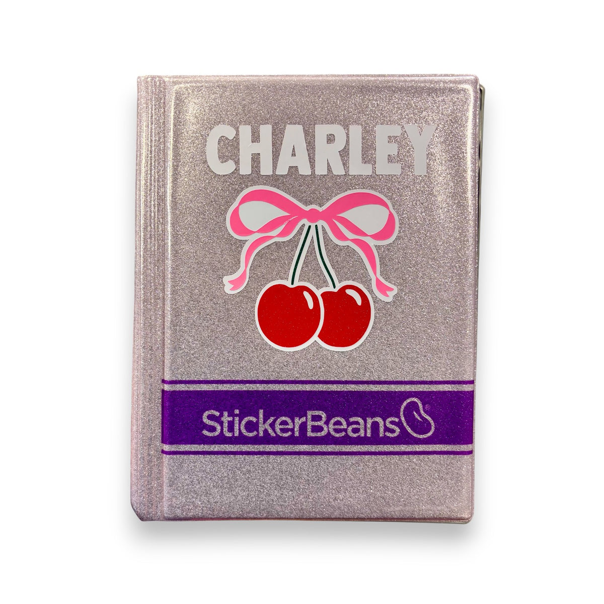 Gray glitter StickerBeans book personalized CHARLEY with a pink bow and cherries