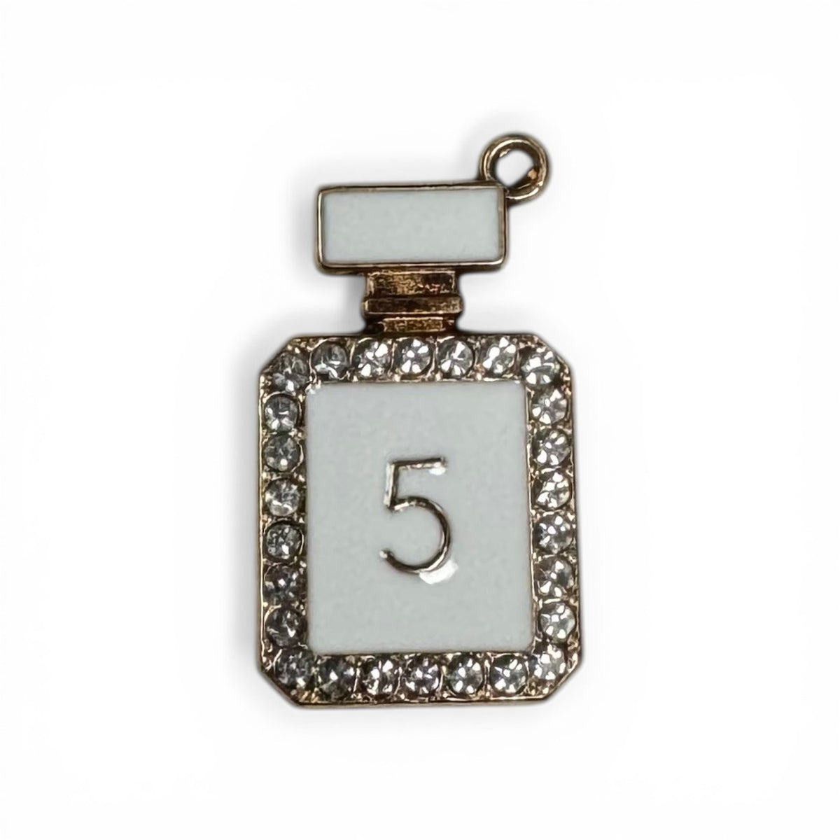 Rhinestone perfume bottle shoe charm with white enamel, clear crystal rhinestone border, and number 5 in center with gold-tone metal clasp