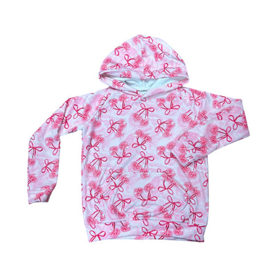 Disco Cherries Fuzzy Hoodie in pink and purple ombre with checkered lightning bolts and cherry graphics, featuring kangaroo pocket and hood
