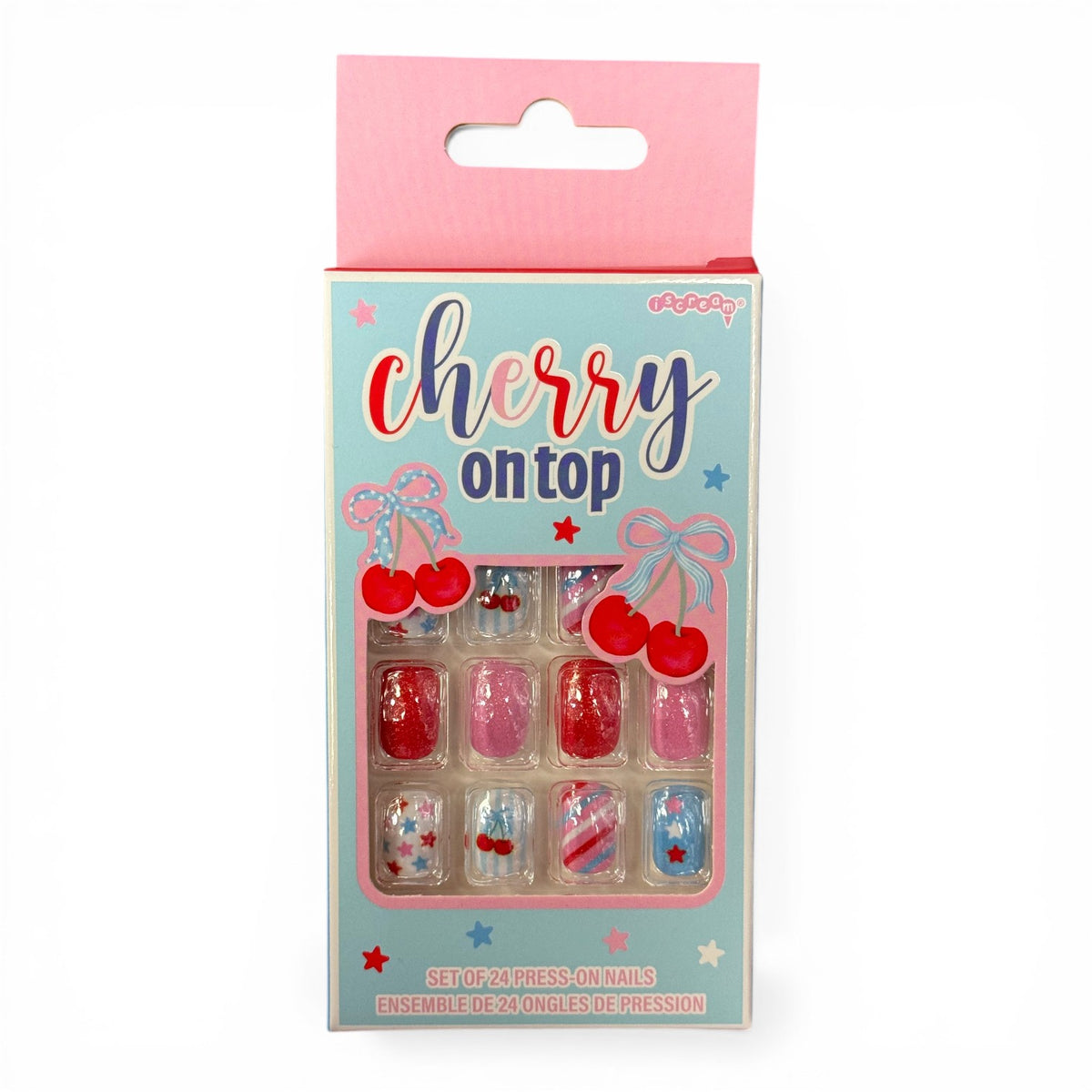 Cherry on Top press-on nail set of 24 in a boxed package with cherry and bow designs
