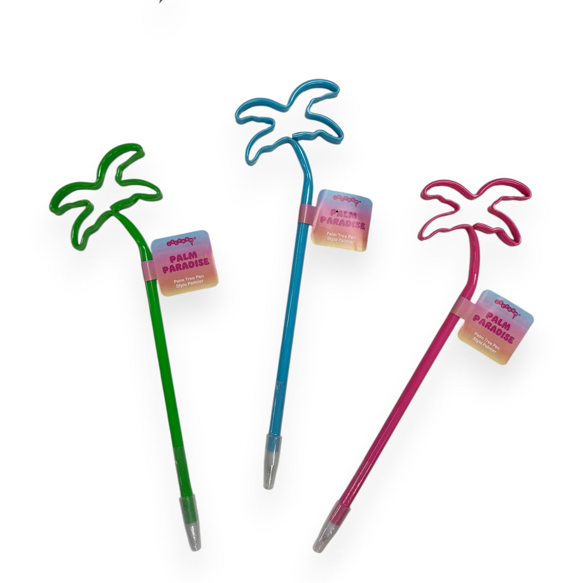 Three Palm Paradise pens in green, blue and pink topped with palm tree shapes