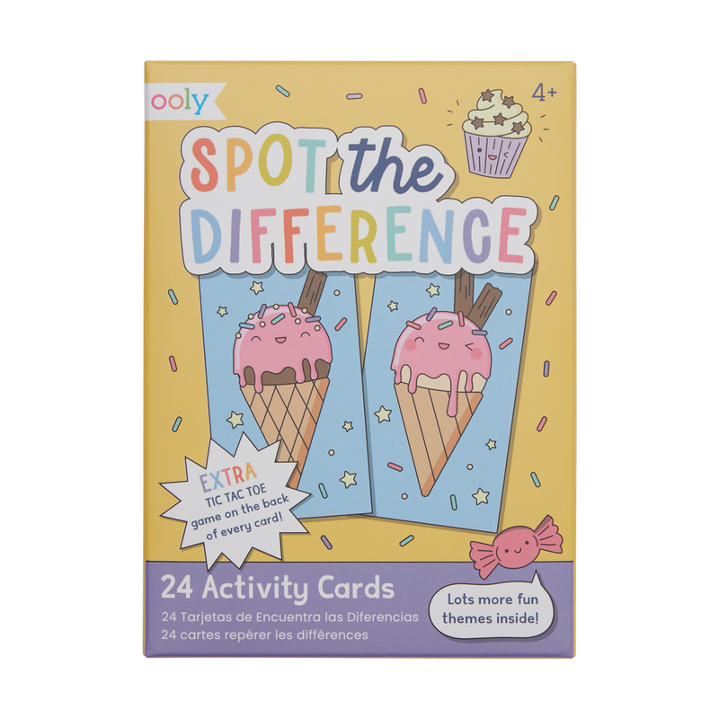 Spot the Difference activity cards by Ooly featuring 24 themed cards with colorful ice cream cone illustrations on yellow packaging, includes tic-tac-toe games on back of each card
