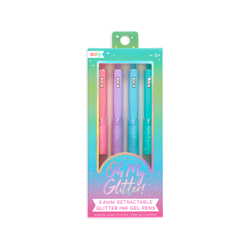 Oh My Glitter gel pens 4-pack in turquoise gradient packaging showing pink purple blue and green retractable pens with comfort grips