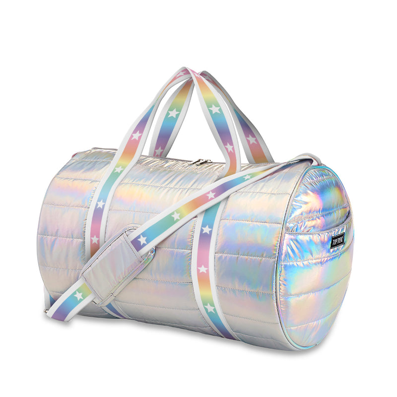 Iridescent Puffer Duffle Bag with White Gradient Star Straps
