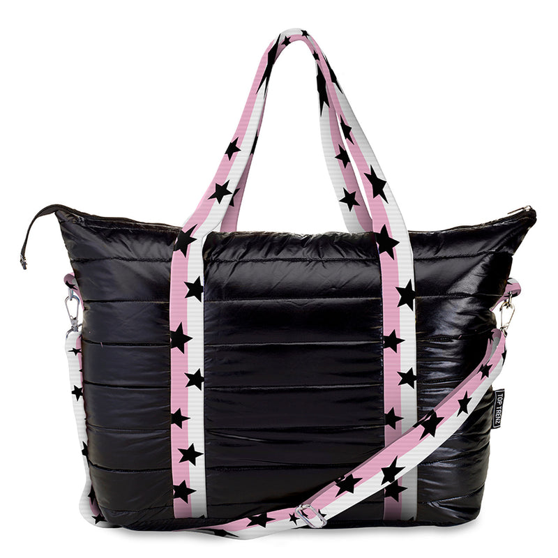 Black Puffer Weekender Tote with Pink/White Star Straps