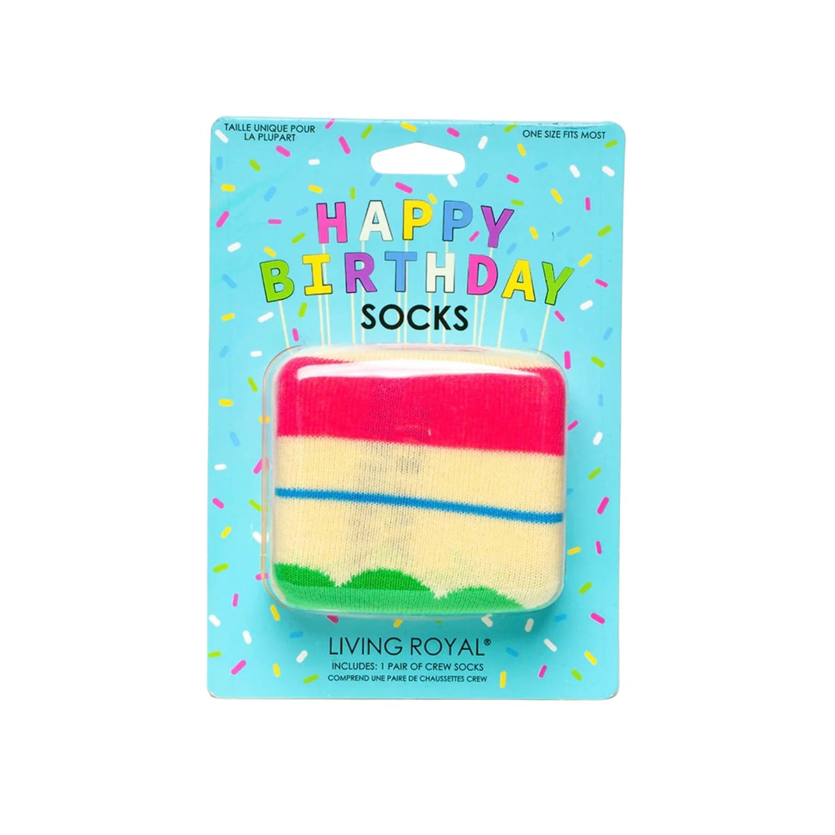 Happy Birthday 3-D Socks in package: cream, pink, and green cake-layer crew socks on a blue card