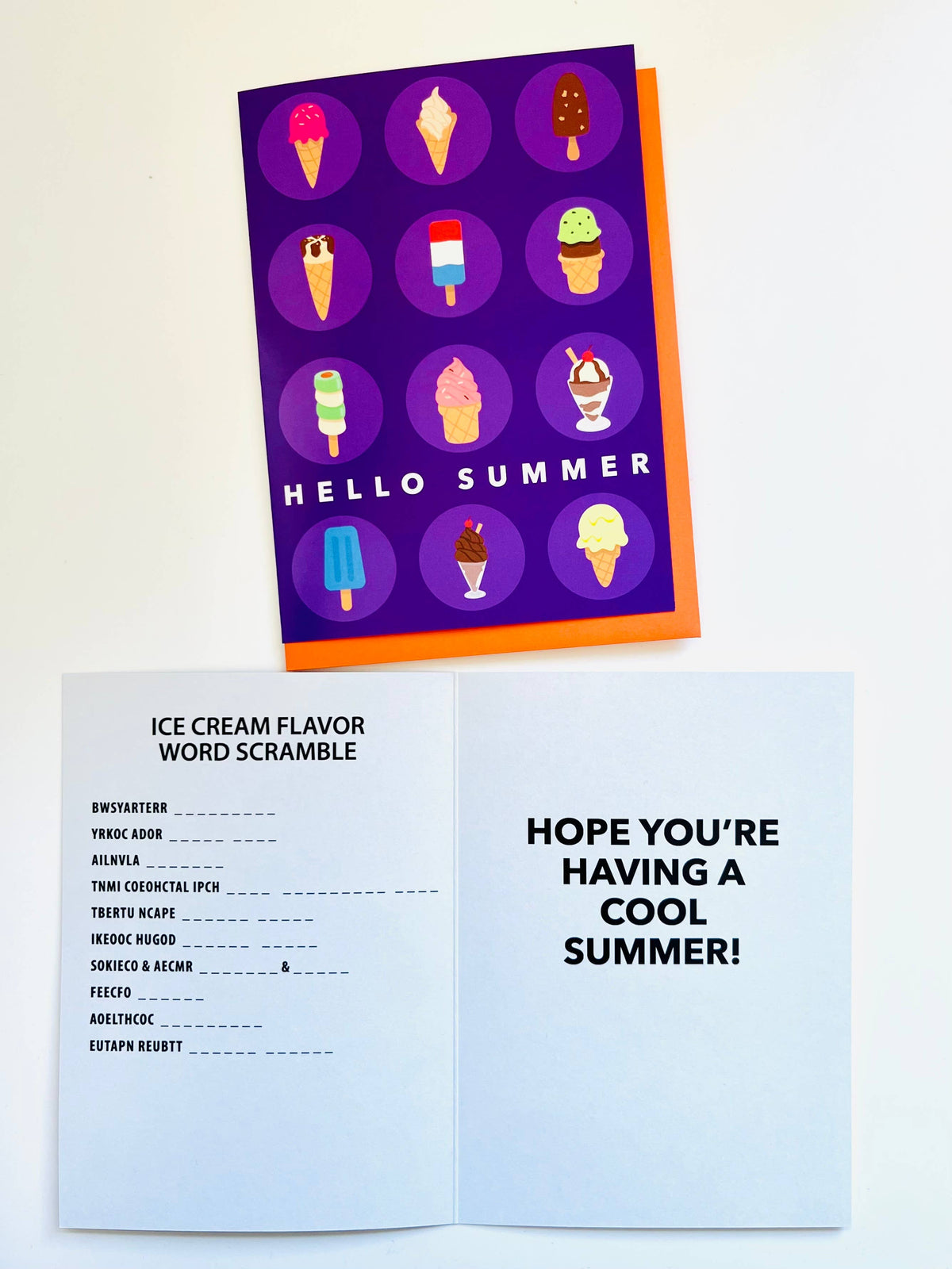 Hello Summer ice cream greeting card with purple background featuring 12 illustrated ice cream treats in circles including cones, popsicles, and sundaes